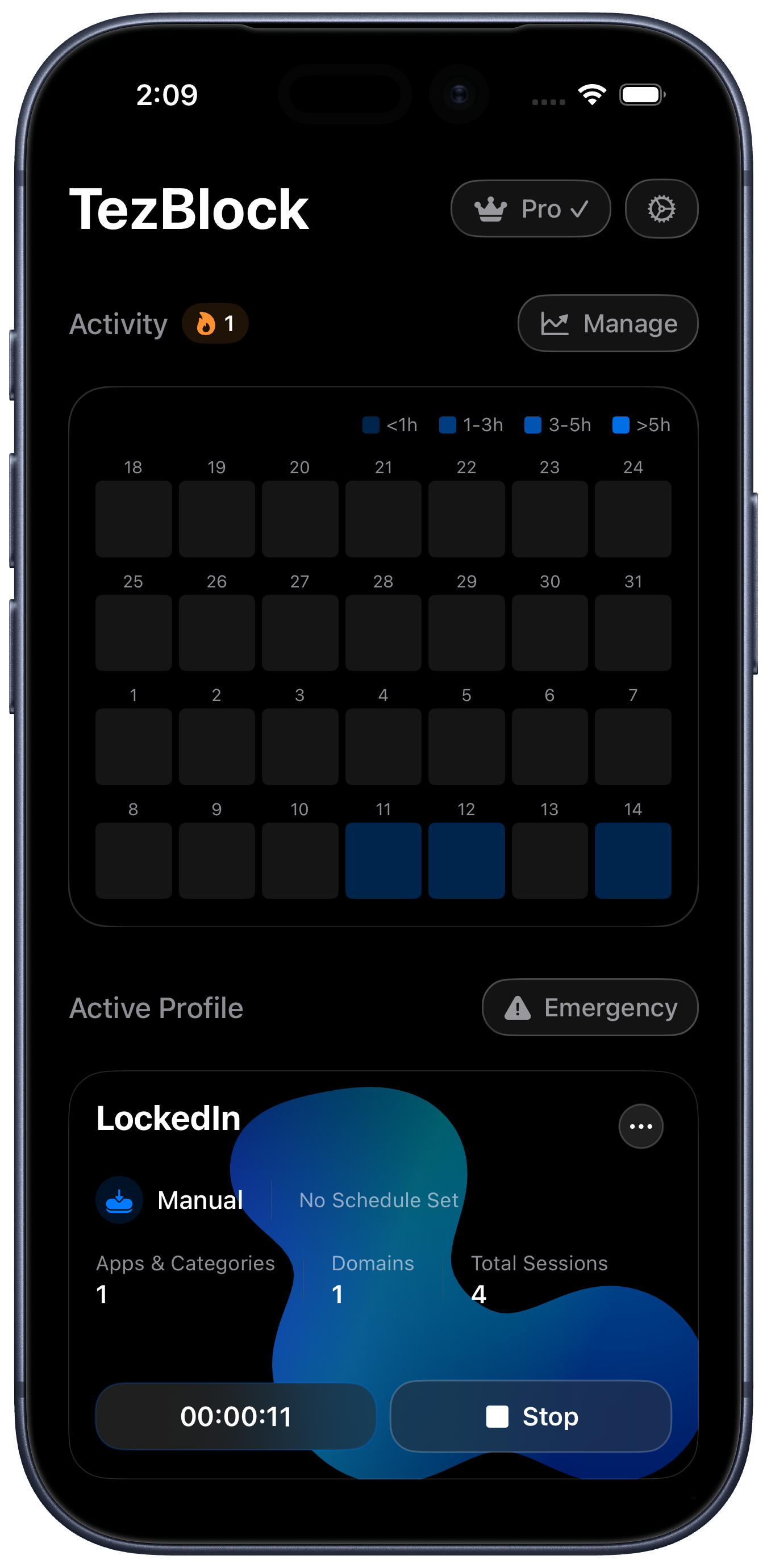 TezBlock home screen with activity calendar