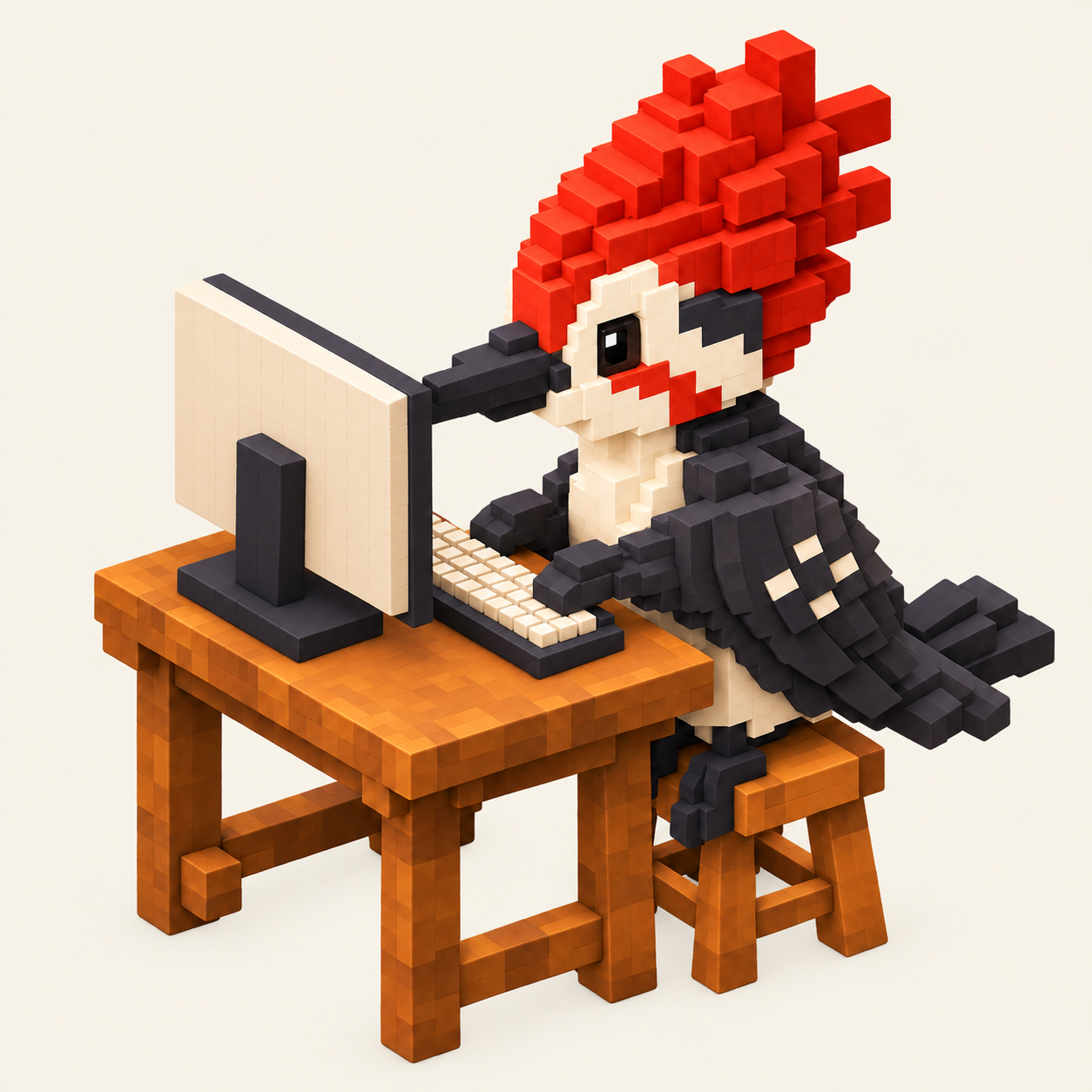 TezBlock's voxel woodpecker working at a desktop computer.