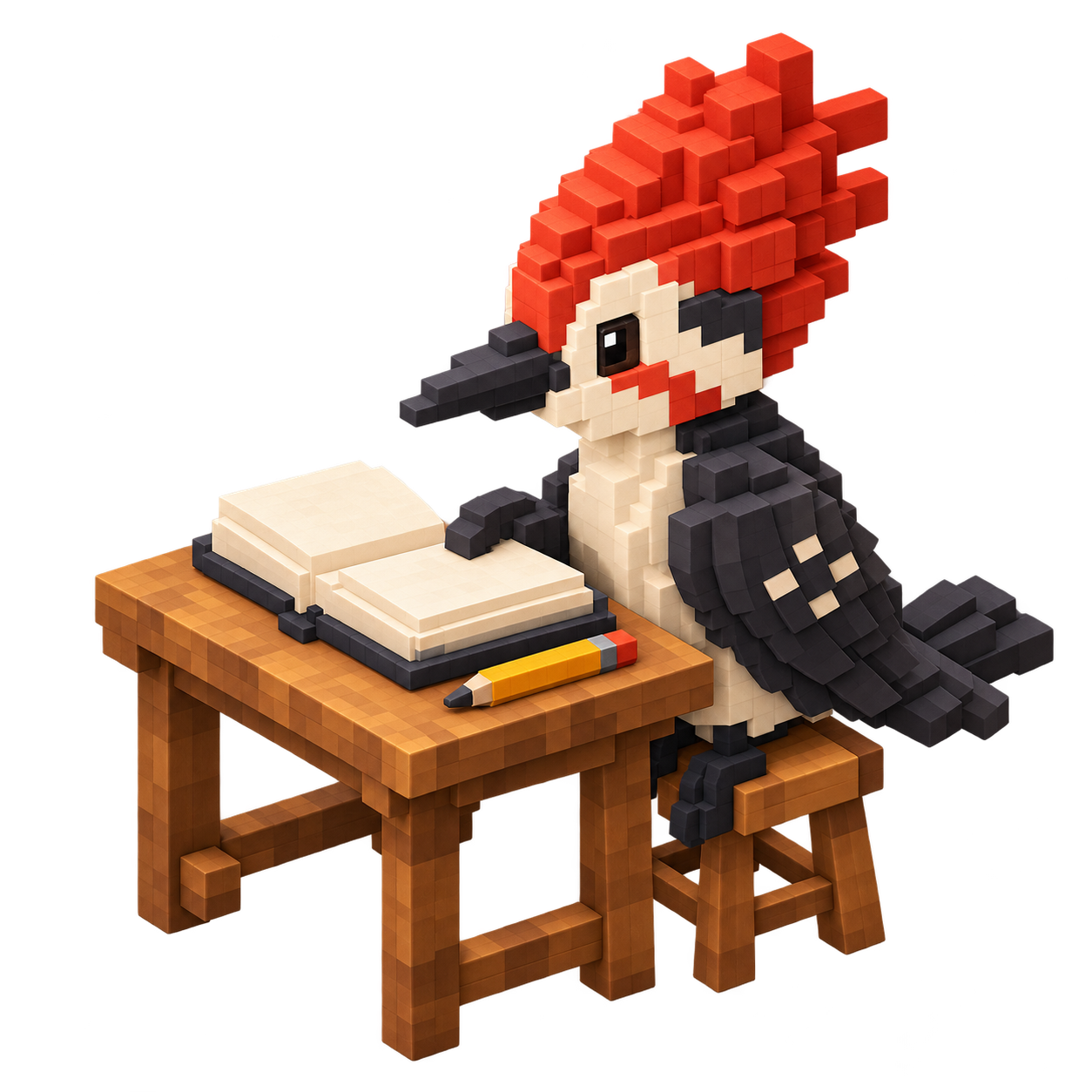 A little voxel woodpecker getting absorbed in a book at its desk.